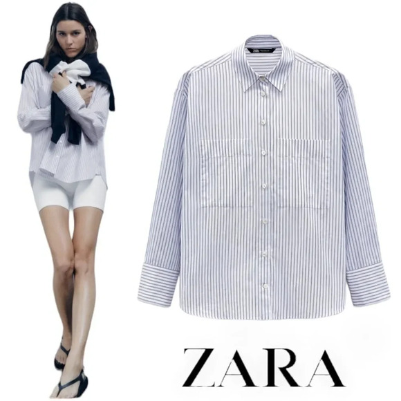 ZARA | White/Blue | STRIPED POPLIN SHIRT - Picture 1 of 12